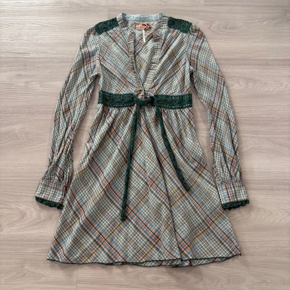 Free People Plaid Mini Dress Women Green Crochet Lace Empire Waist Long Sleeve 6 - Picture 2 of 14